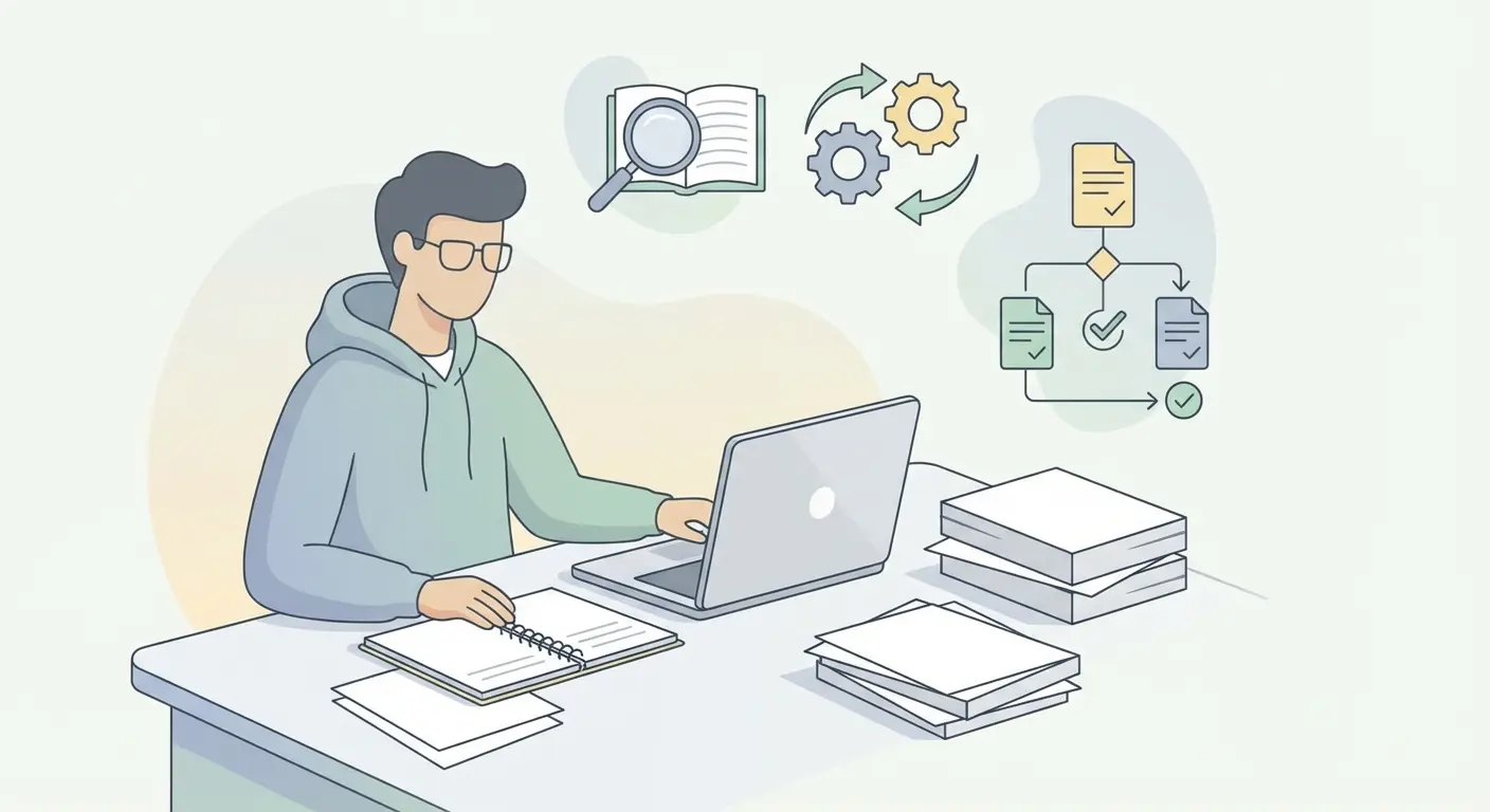 Studierende schreibt Abschlussarbeit mit KI-Tool-Unterstützung — Symbole für Plagiatsprüfung und wissenschaftliche Quellenarbeit im Hintergrund