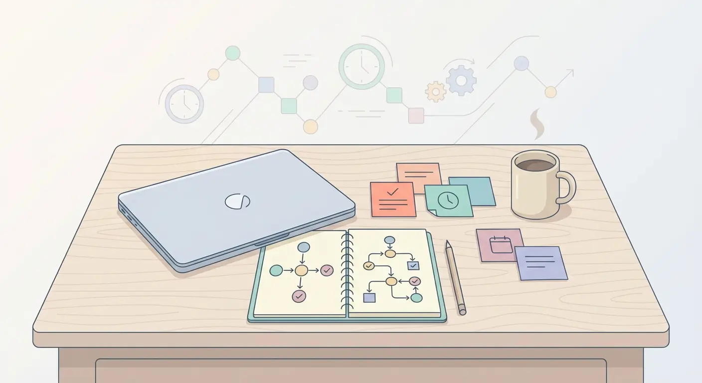 Aufgeräumter Schreibtisch mit Notizbuch, Laptop und Kaffee – Vorbereitung auf die Abschlussarbeit Struktur und Zeitplan