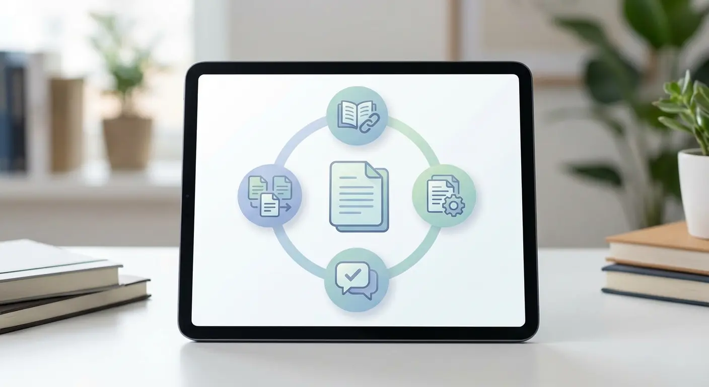 Übersicht KI-Schreibtools für Abschlussarbeiten: automatische Zitation, Literaturverwaltung, Echtzeit-Feedback und Export in PDF, Word und LaTeX