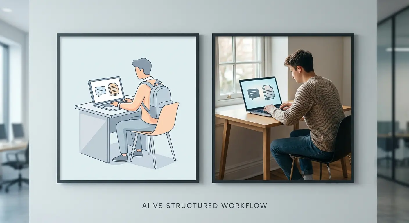 Studierende vergleicht KI-Tool ChatGPT mit akademischer Abschlussarbeits-Plattform Tesify am Laptop