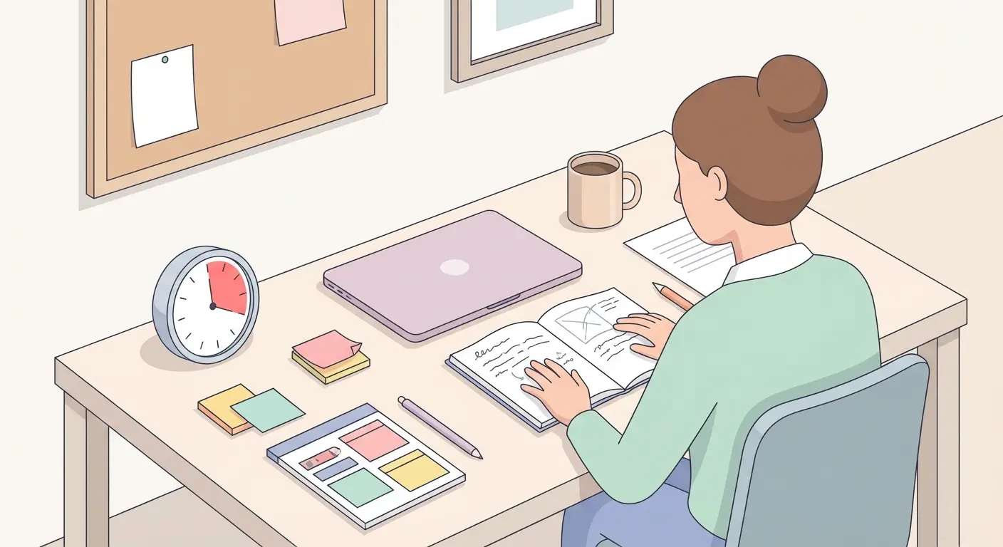 Studierender arbeitet strukturiert an der Abschlussarbeit am Schreibtisch mit Timer und Notizbuch