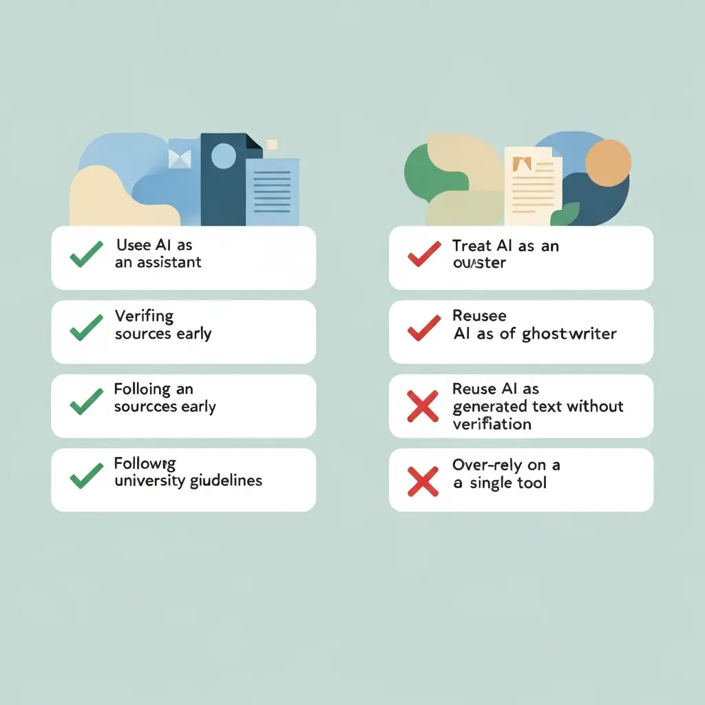 Dos and Don'ts beim KI-gestützten Abschlussarbeiten-Schreiben – visuelle Checkliste mit grünen Häkchen und roten Kreuzen