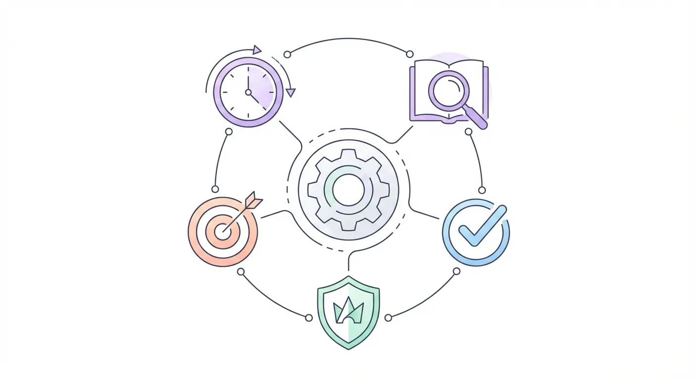 CRAAP-Schema Infografik zur wissenschaftlichen Quellenbewertung – fünf Kriterien: Aktualität, Relevanz, Autorität, Genauigkeit und Zweck als abstrakte Icons dargestellt