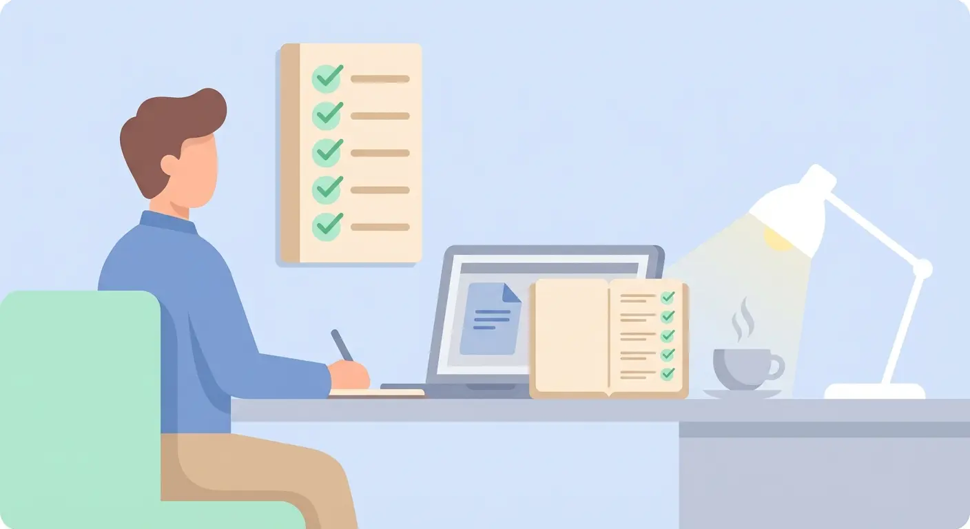 Illustration: Strukturierter wissenschaftlicher Schreibprozess mit Checkliste, Laptop und Zitationshinweisen für Abschlussarbeiten