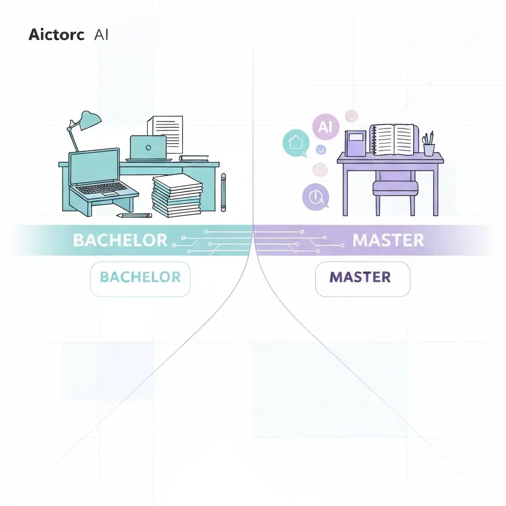 Vergleich Bachelorarbeit und Masterarbeit: zwei akademische Wege mit KI-Nutzung, unterschiedlichem Anspruch und Zitierregeln im DACH-Raum