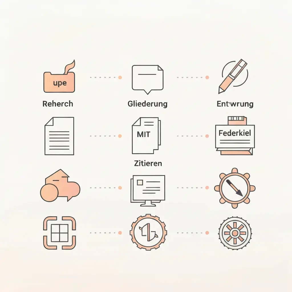 Workflow für akademisches Schreiben mit KI-Tools: Recherche, Gliederung, Entwurf, Zitieren und Überarbeitung als mehrstufiger Prozess für Abschlussarbeiten