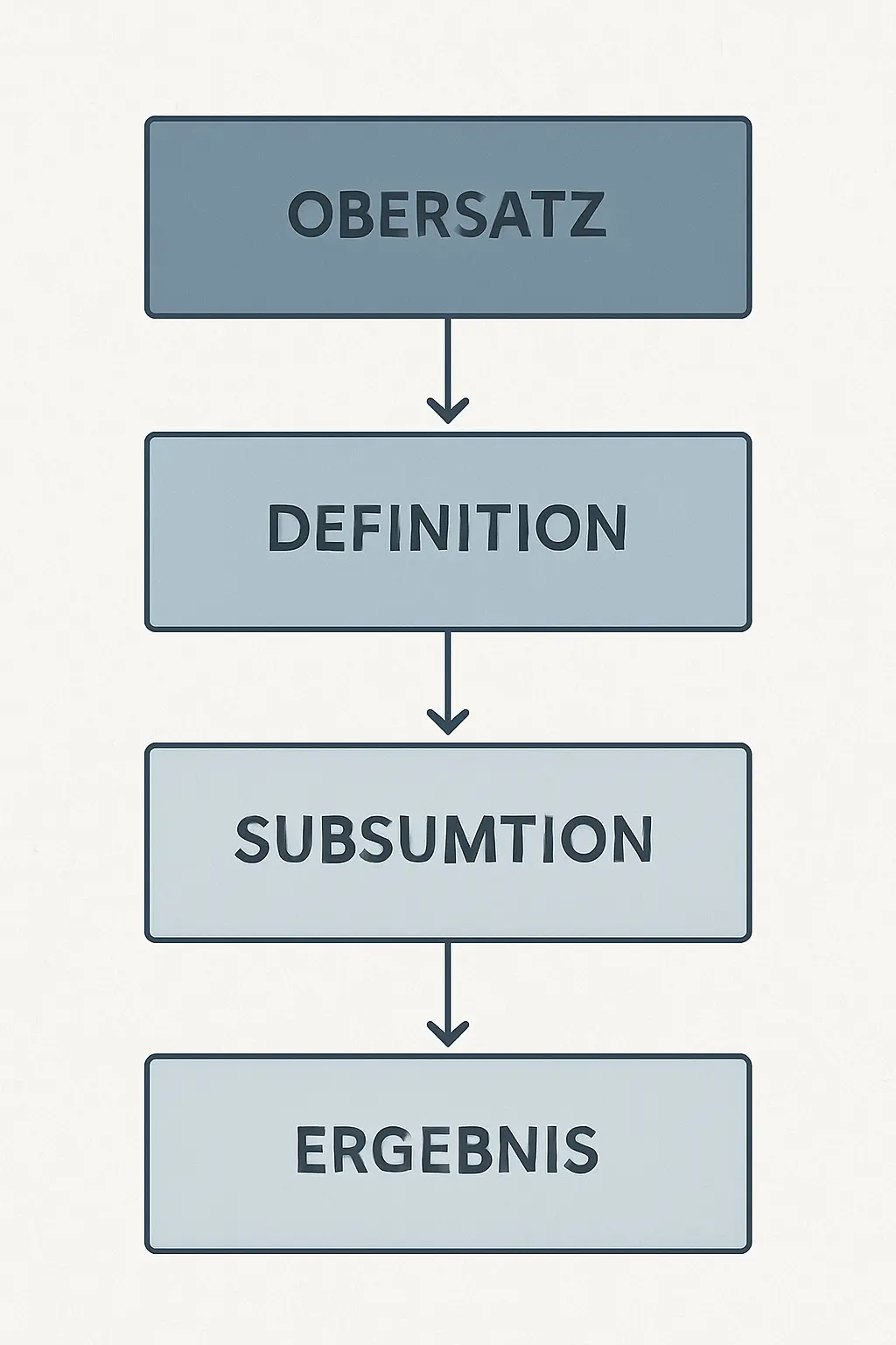 Schematische Darstellung des Gutachtenstil-Schemas (ODSE): Obersatz, Definition, Subsumtion und Ergebnis als vierstufiger Prüfungsaufbau in der juristischen Wissenschaftsarbeit