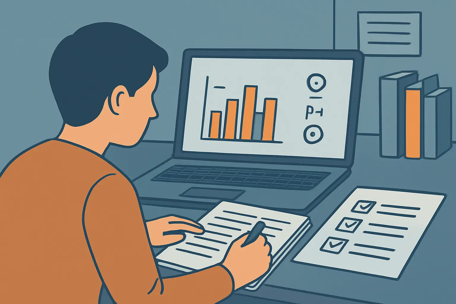 Studierende verschriftlicht statistische Ergebnisse der Bachelorarbeit mit KI-gestütztem Workflow am Laptop