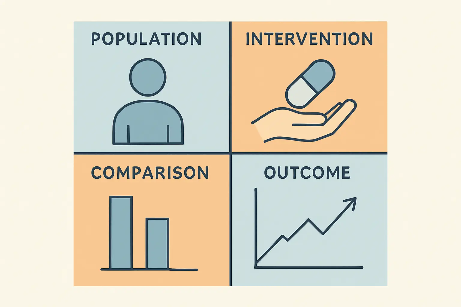 PICO-Schema für die Pflegewissenschaft: Strukturierte Darstellung der vier Komponenten Population, Intervention, Comparison und Outcome für systematische Literaturrecherchen