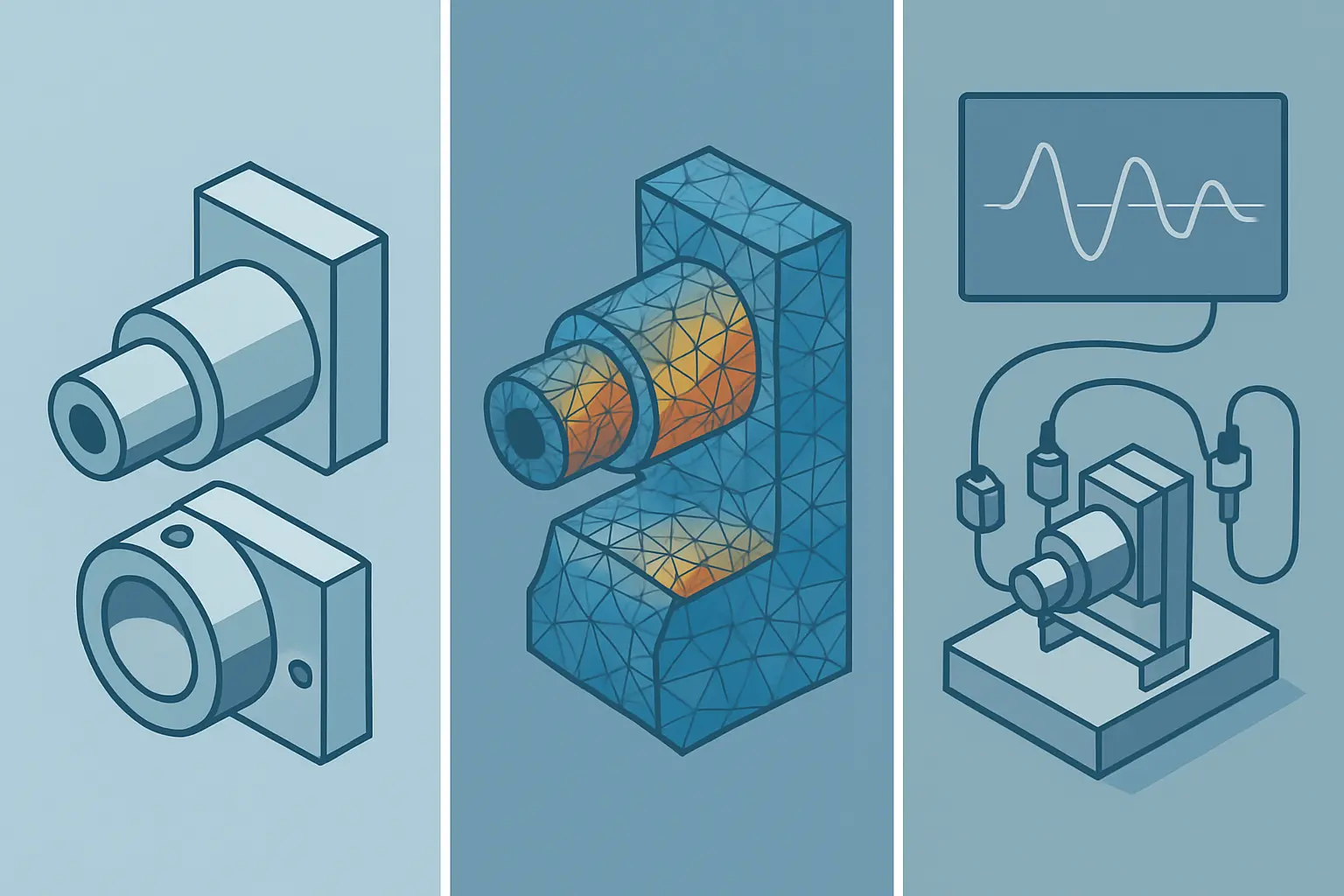 Drei Arbeitstypen der Bachelorarbeit im Maschinenbau im Vergleich: Konstruktion (CAD), Simulation (FEM) und Versuch (Prüfstand)