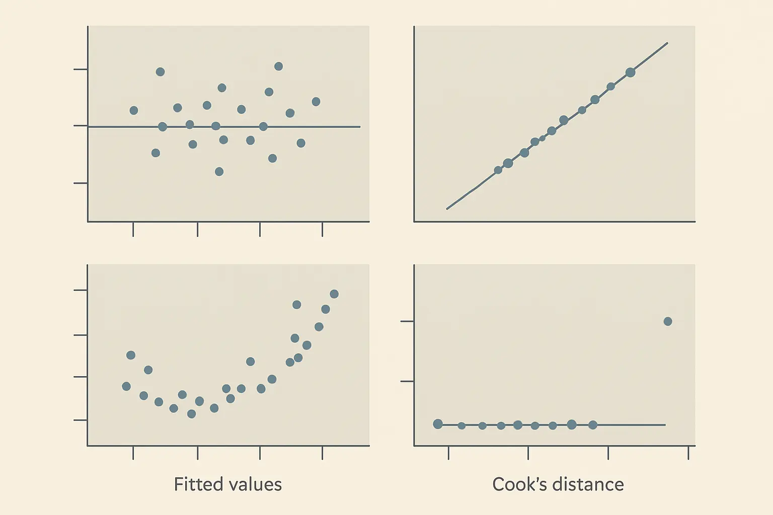 Vier diagnostische Residuenplots zur Prüfung der Modellannahmen einer linearen Regression: Residuen-vs.-Fitted, Q-Q-Plot, Scale-Location und Cook's Distance