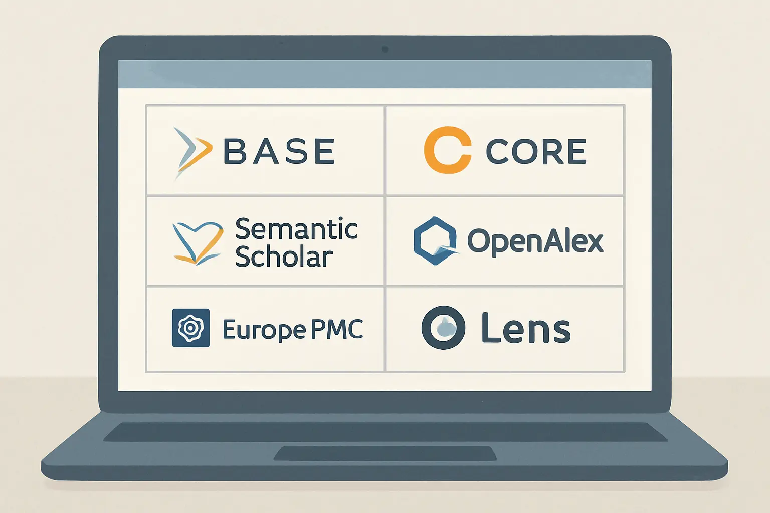 Vergleichsübersicht wissenschaftlicher Suchmaschinen als Alternative zu Google Scholar: BASE, CORE, Semantic Scholar, OpenAlex, Europe PMC und Lens.org im strukturierten Dashboard