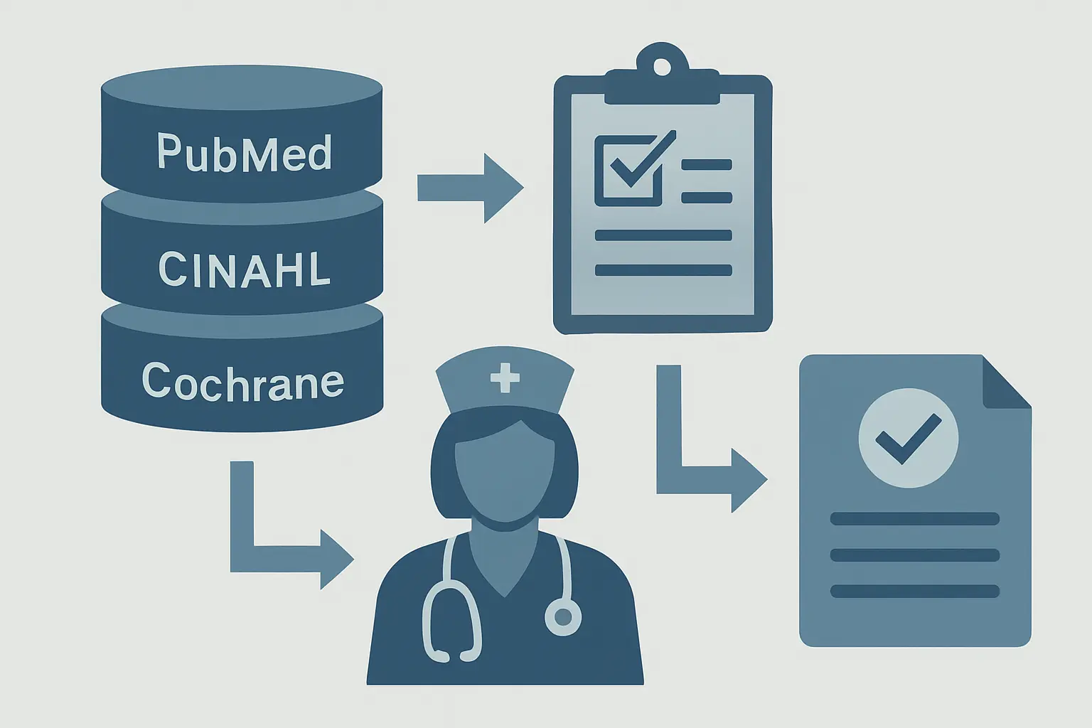 Evidenzbasierte Pflege: Schematischer Workflow von der Datenbankrecherche in PubMed, CINAHL und Cochrane über die Qualitätsbewertung bis zur pflegerischen Handlungsempfehlung