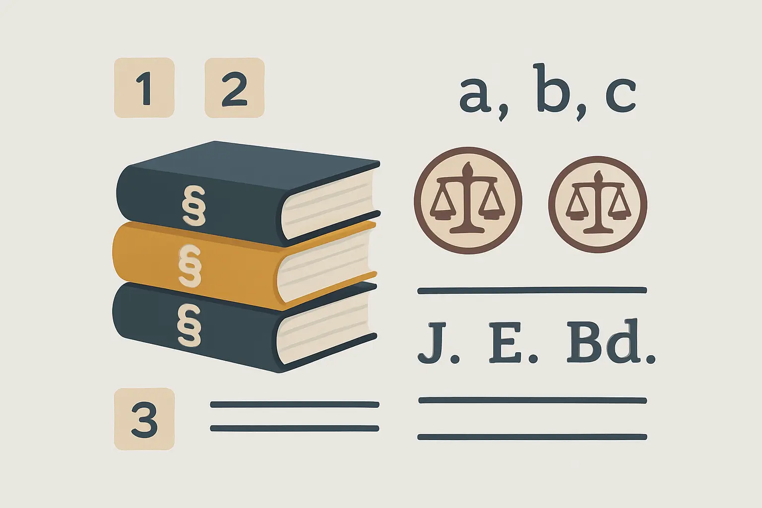 Illustration des juristischen Zitiersystems mit Fußnotennummern, Gesetzbüchern, Paragraphensymbolen und Urteilsfundstellen für wissenschaftliche Abschlussarbeiten in der Rechtswissenschaft