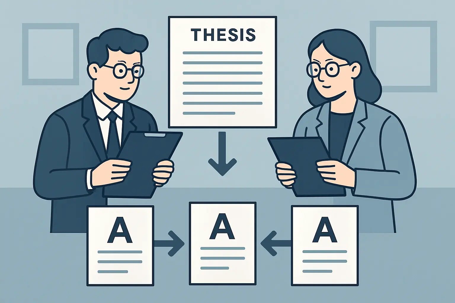 Schematische Darstellung des Zwei-Gutachter-Prinzips: Erst- und Zweitgutachter bewerten die Bachelorarbeit unabhängig, die Noten fließen gleichwertig in die Endnote ein