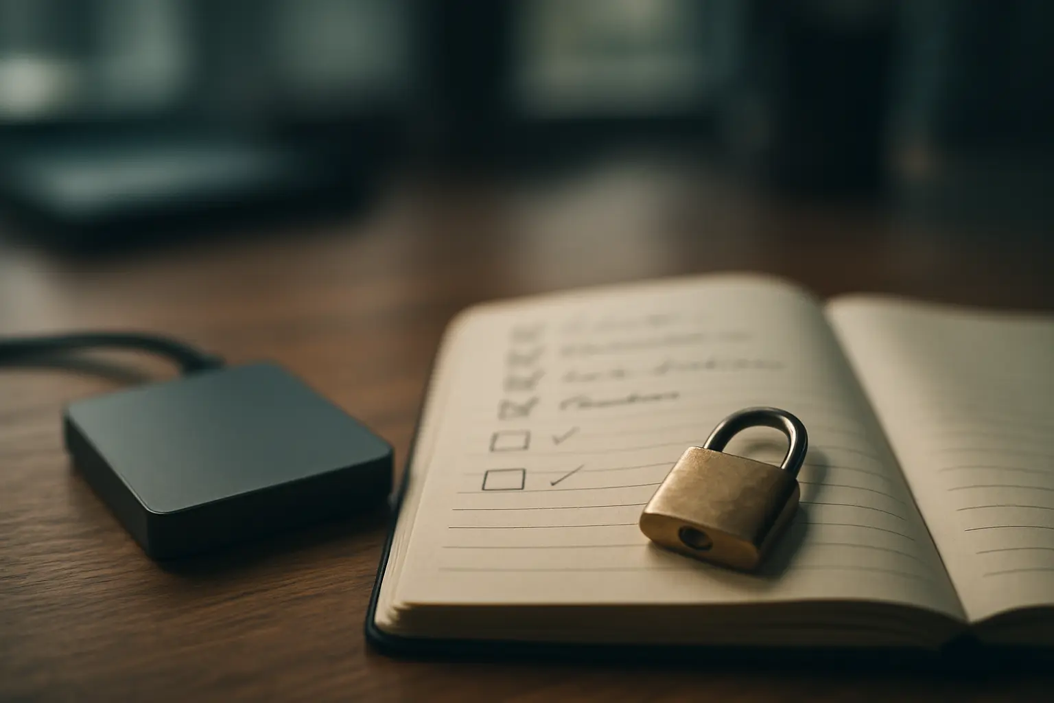 Externe Festplatte neben einem Notizbuch mit Checkliste und Vorhängeschloss als Sinnbild für dokumentierte Datenherkunft und Reproduzierbarkeit