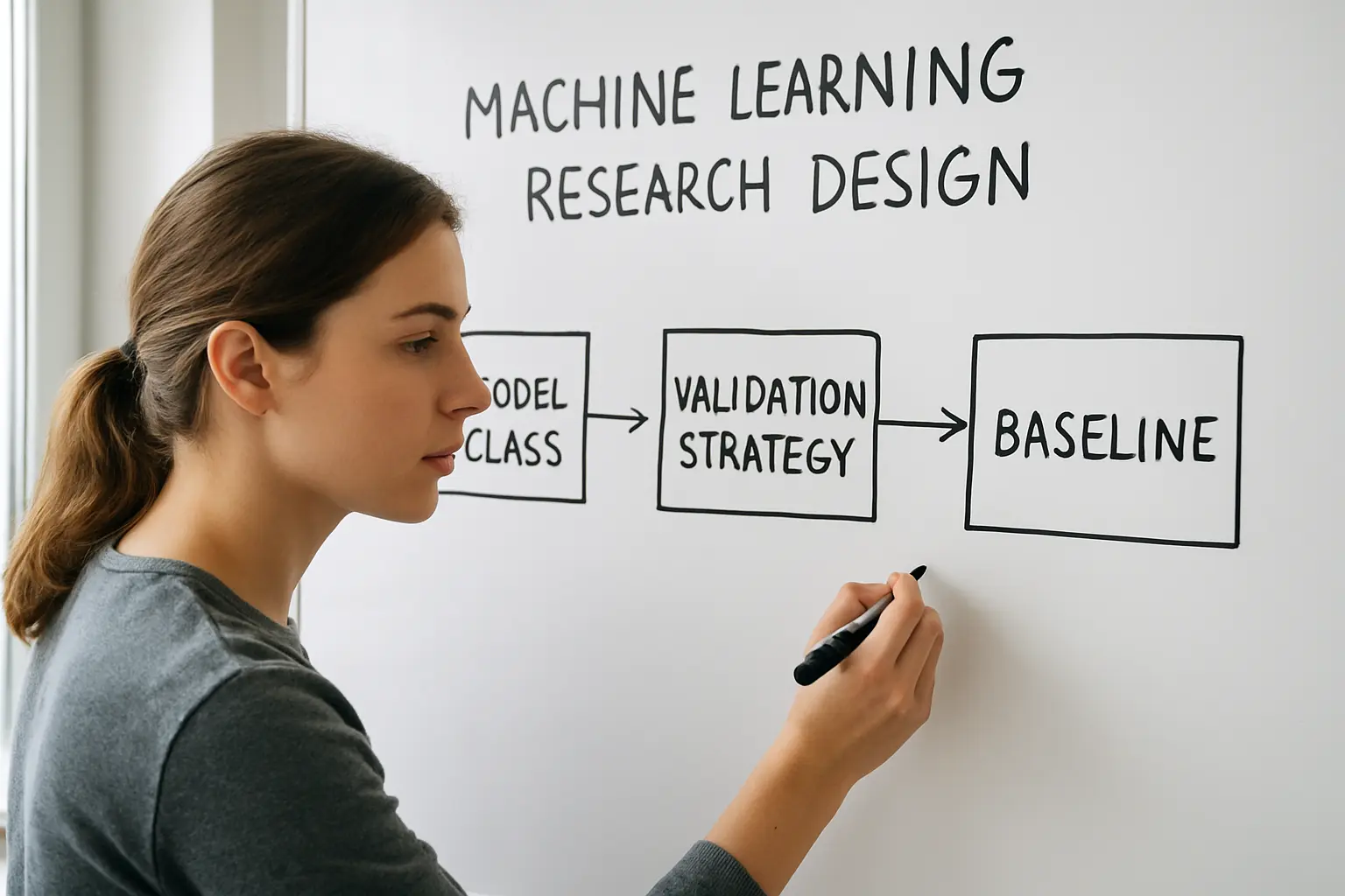 Data-Science-Student skizziert ein Forschungsdesign mit Modellklasse und Validierungsstrategie am Whiteboard