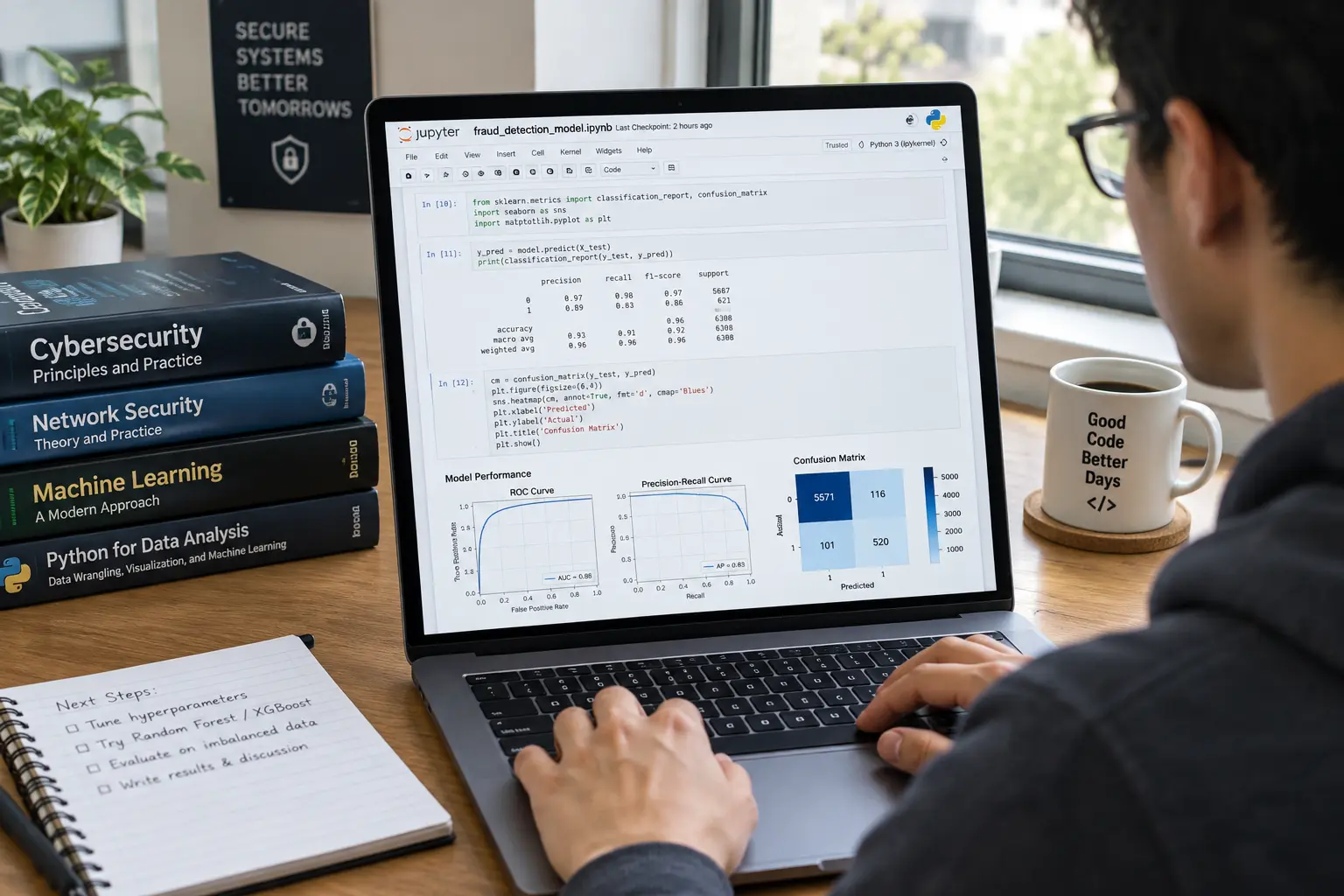 Student trainiert ein Klassifikationsmodell zur Bedrohungserkennung in einem Jupyter Notebook