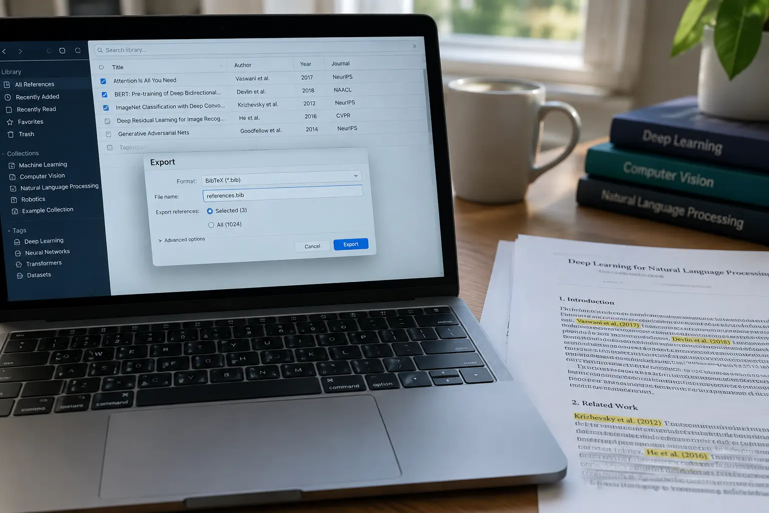 Laptop-Bildschirm mit Literaturverwaltungssoftware und BibTeX-Exportdialog neben einem ausgedruckten Paper mit markierten Zitaten