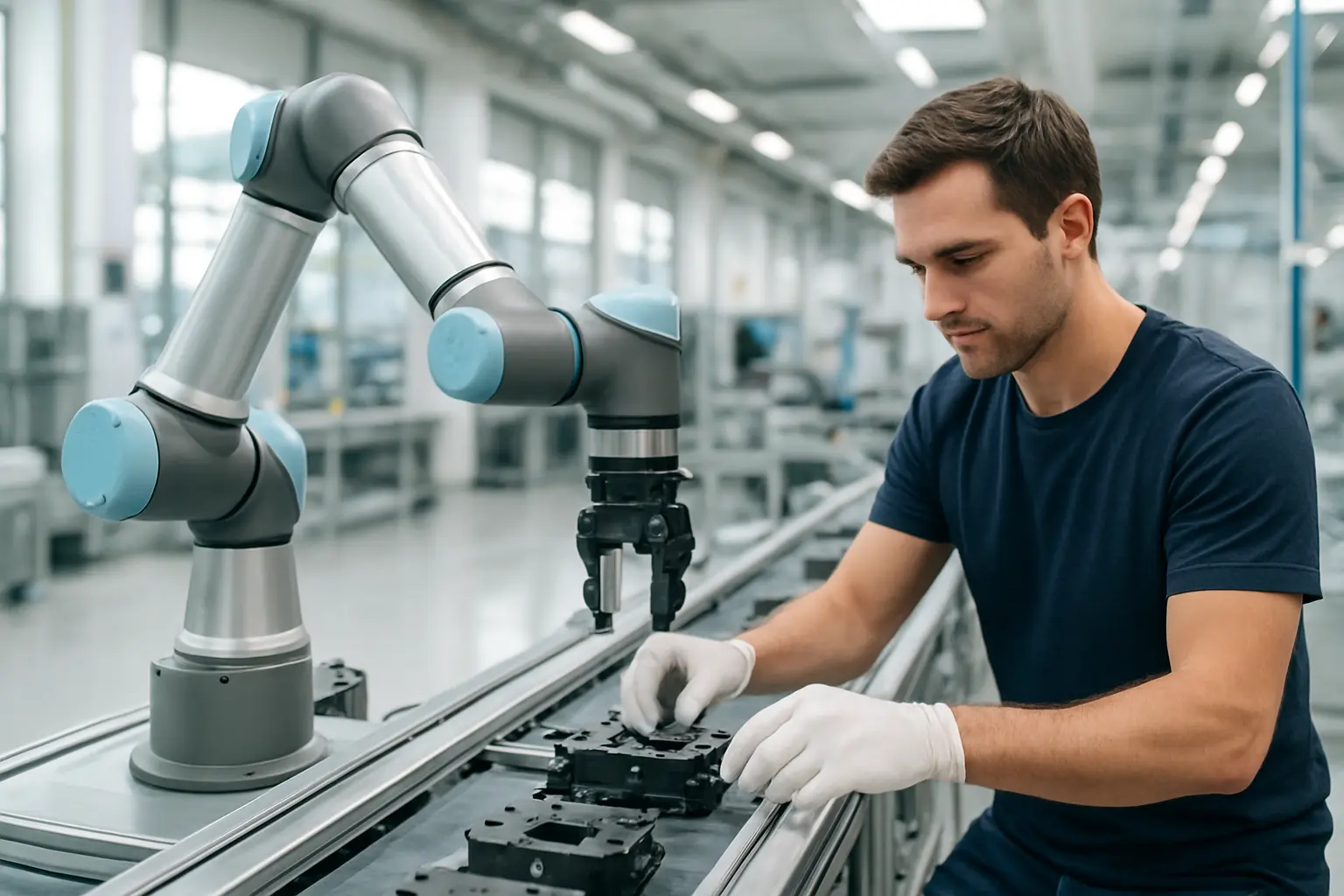 Kollaborativer Roboter arbeitet an einer Montagelinie neben einer Fachkraft