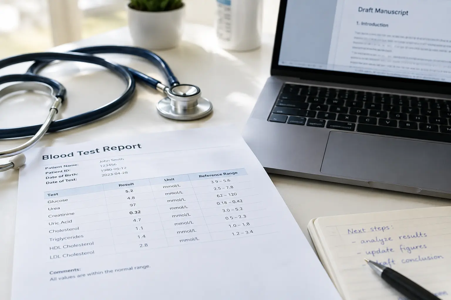 Medizinischer Laborschreibtisch mit einem Blutbefund in mmol pro Liter, Laptop mit Manuskriptentwurf und einem Stethoskop