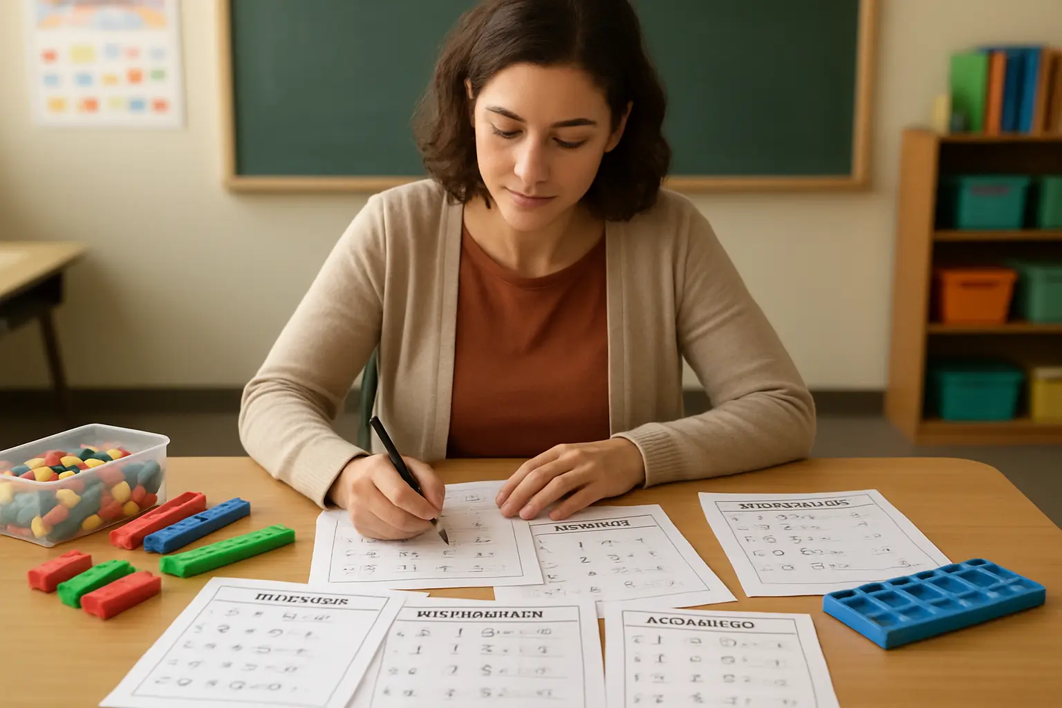 Grundschullehrerin bereitet differenziertes Unterrichtsmaterial für den Mathematikunterricht vor