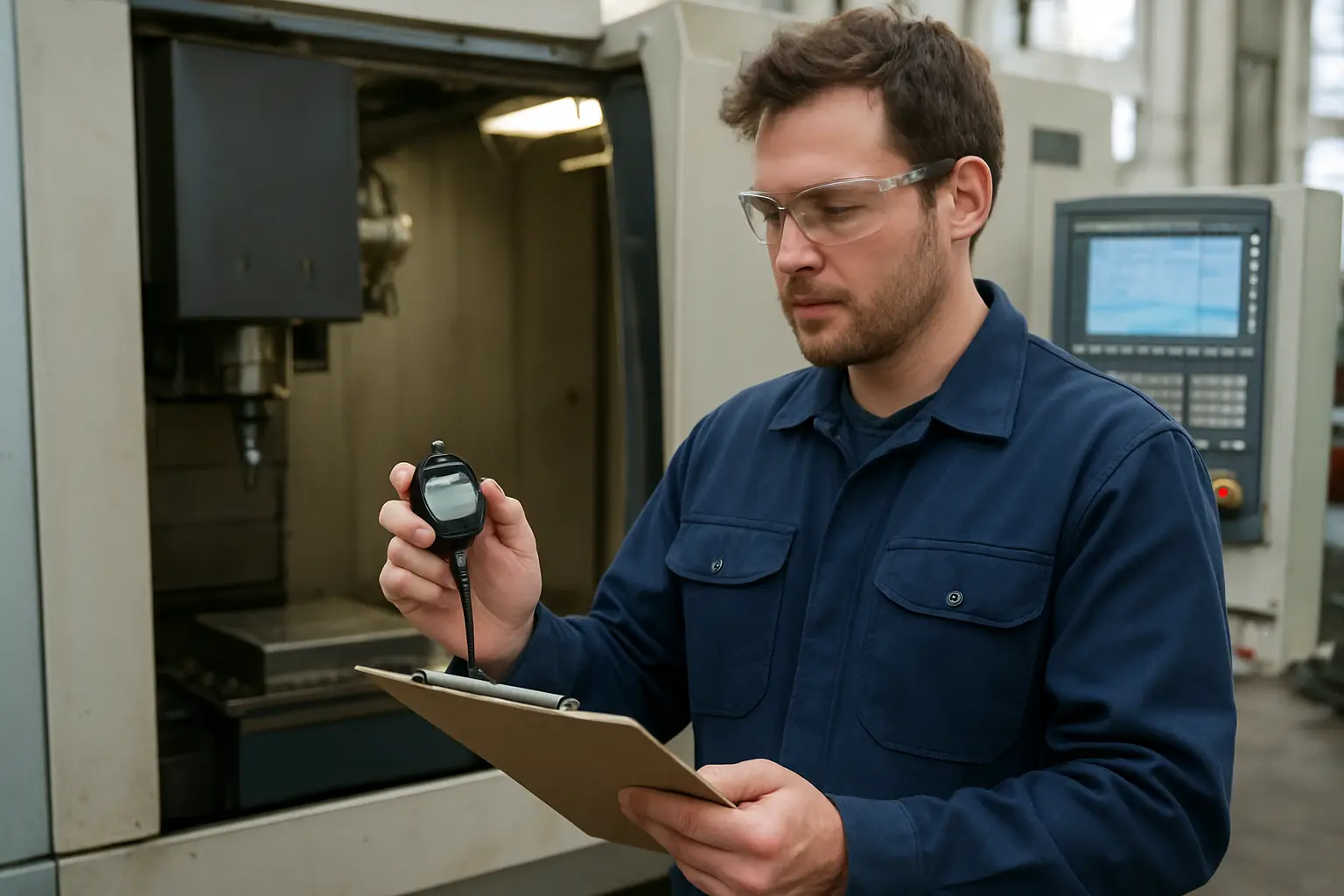 Techniker misst Rüstzeiten an einer CNC-Fertigungslinie mit Stoppuhr und Protokollbogen