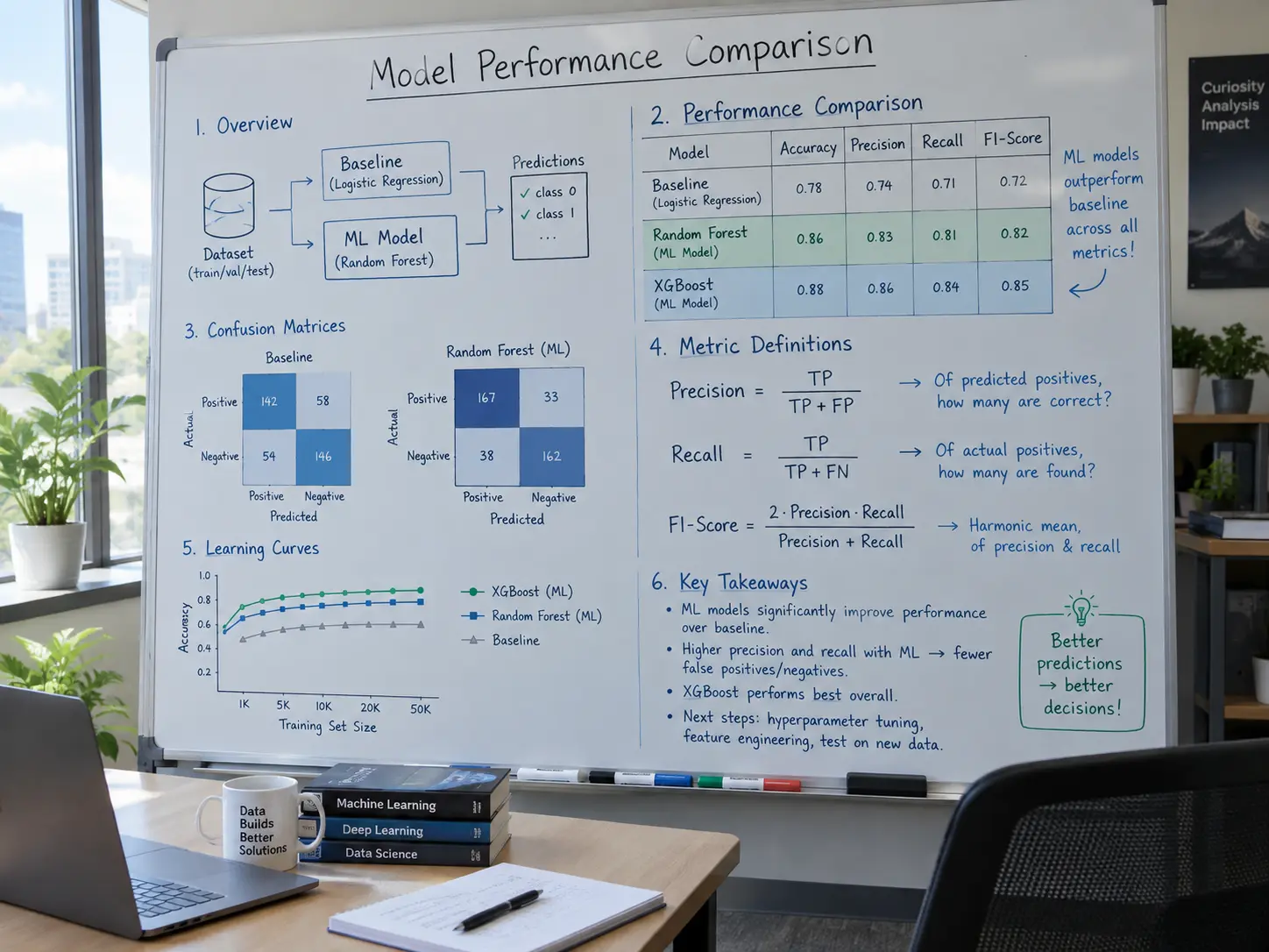 Vergleich von Baseline und KI-Modell anhand von Evaluationsmetriken auf einem Whiteboard