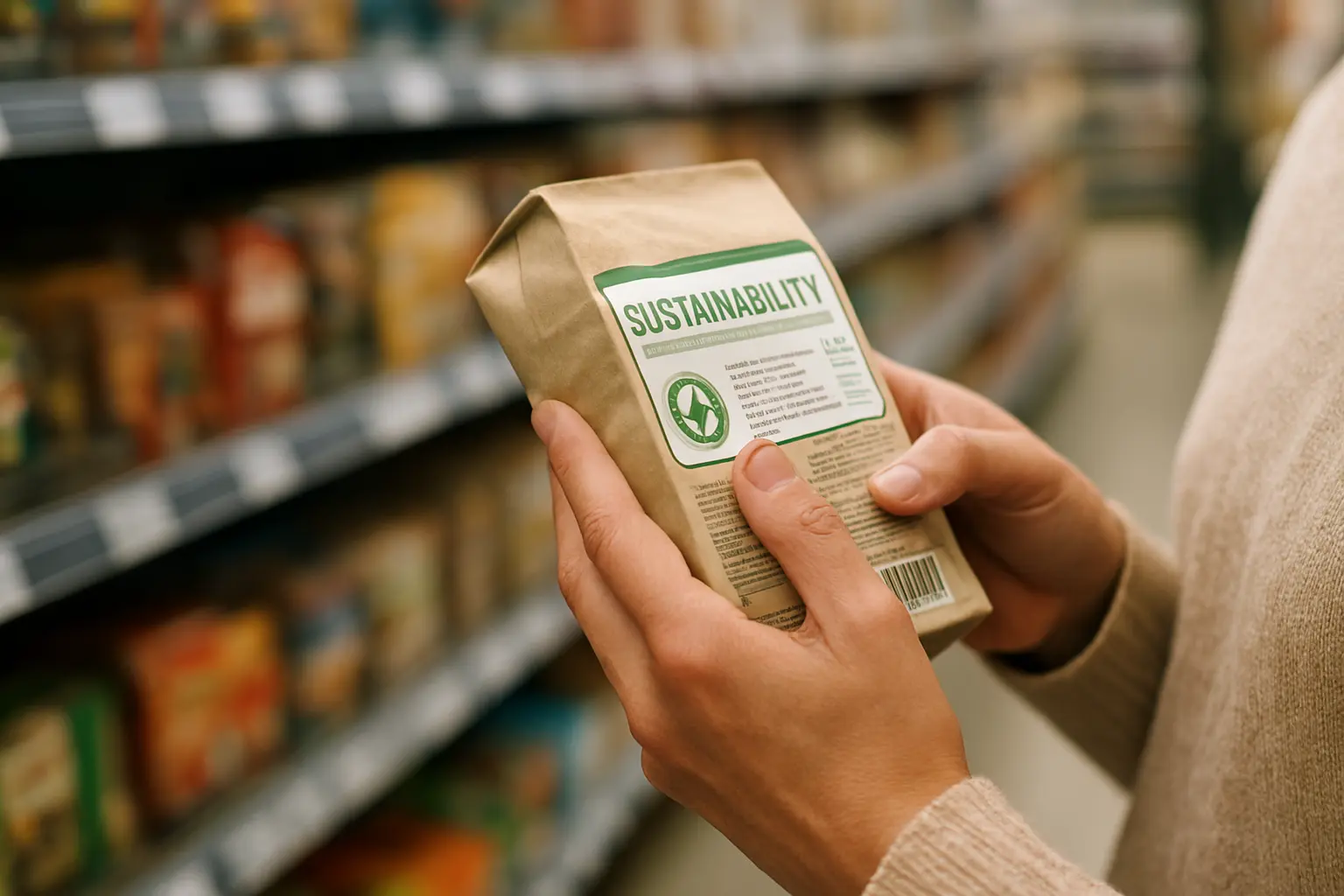 Konsument liest die Nachhaltigkeitskennzeichnung auf einer Lebensmittelverpackung im Supermarktregal
