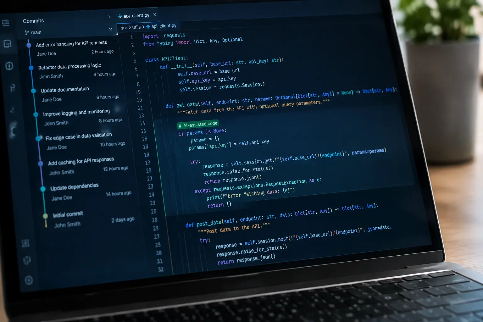 Code-Editor mit Git-Commit-Log und einer markierten Kennzeichnung für KI-unterstützten Code