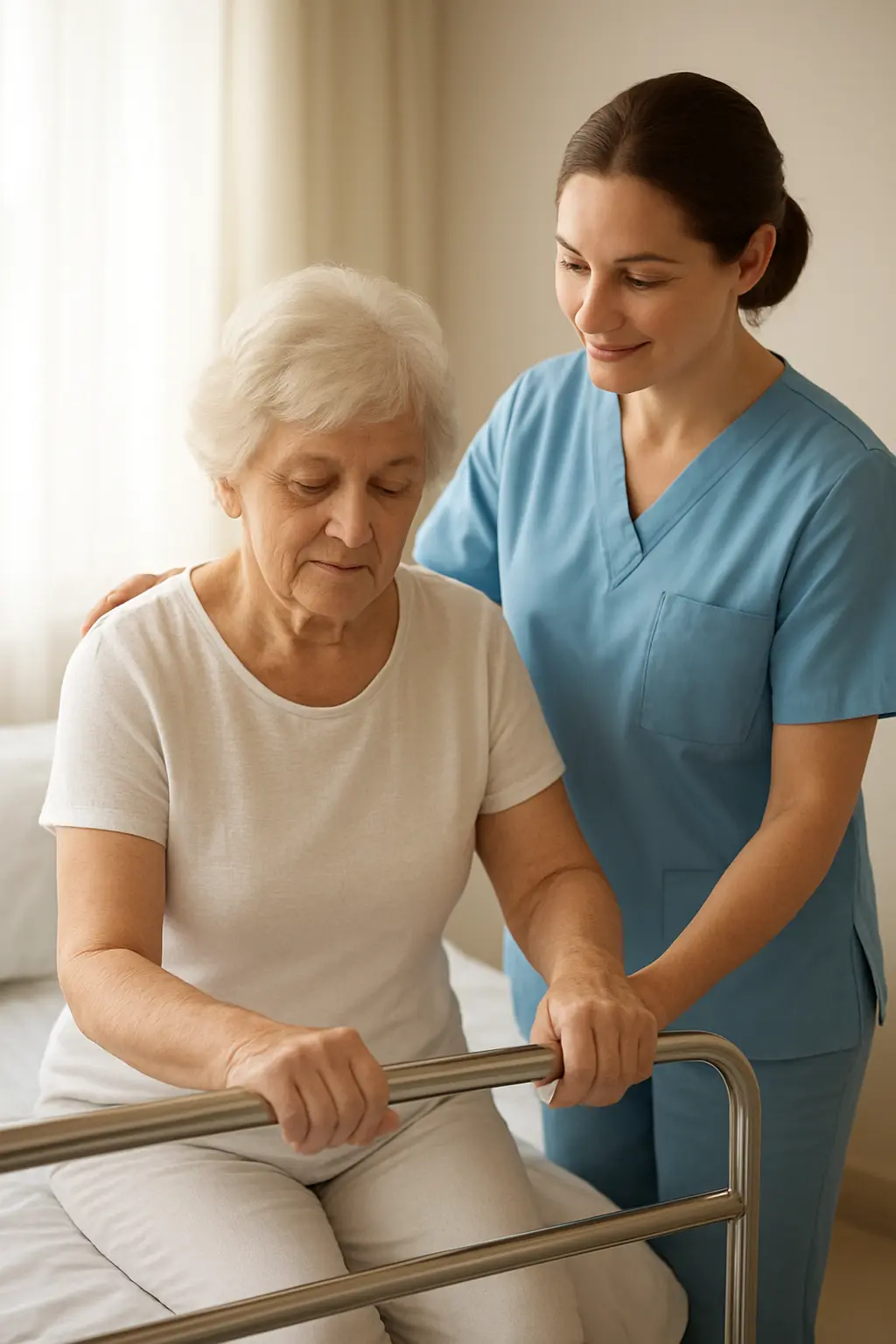 Pflegefachperson führt ein Sturzrisiko-Assessment bei einer geriatrischen Patientin durch