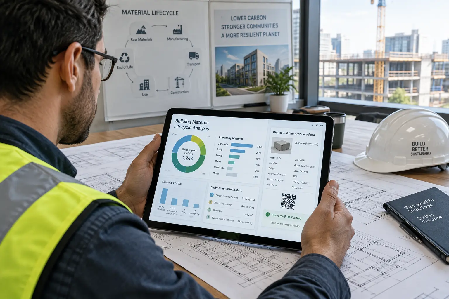 Bauingenieurin prüft eine Lebenszyklusanalyse und den digitalen Gebäuderessourcenpass