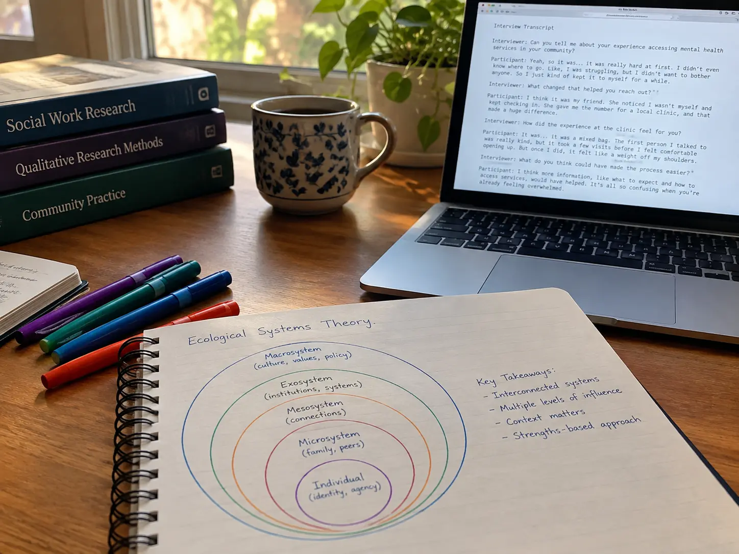 Schreibtisch mit handschriftlichem Ebenendiagramm, Notizen und Laptop während der Auswertung qualitativer Interviews