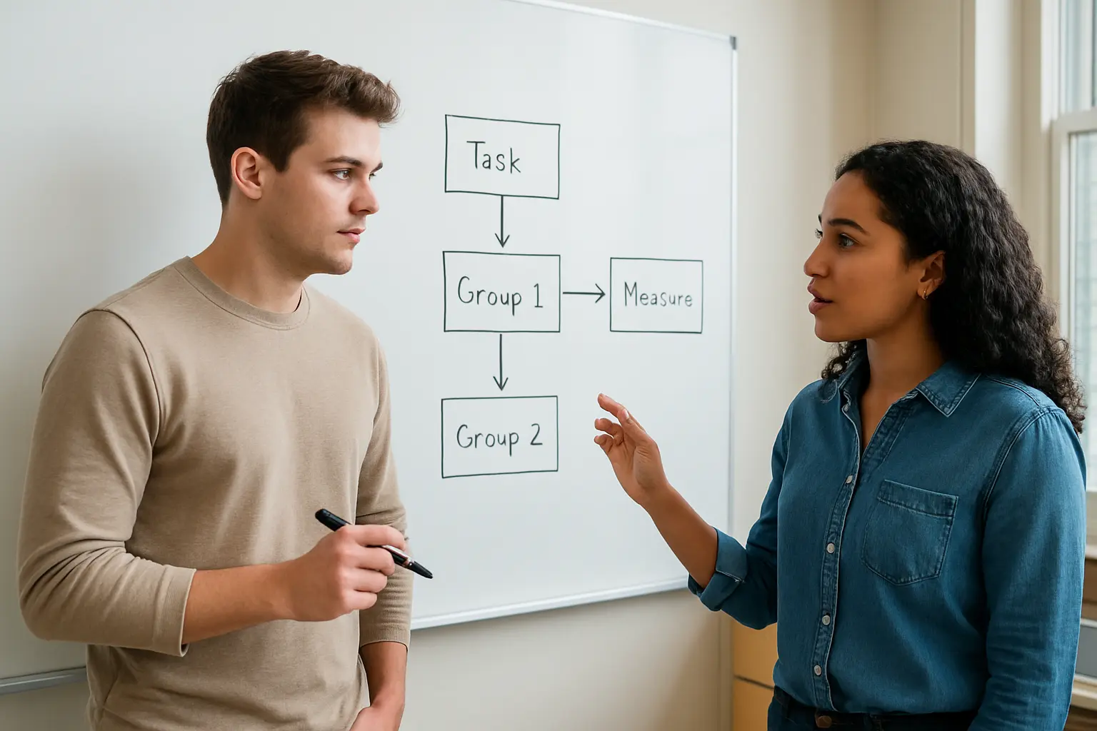 Studierende diskutieren Studiendesign und Variablen für ein psychologisches Experiment