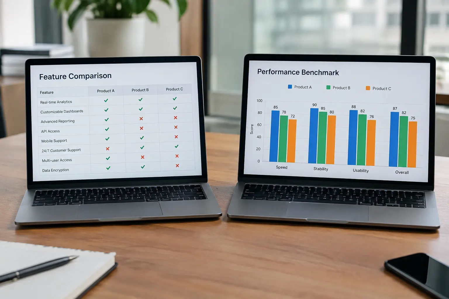 Zwei Bildschirme mit einer Vergleichstabelle verwandter Arbeiten und einem Benchmark-Balkendiagramm