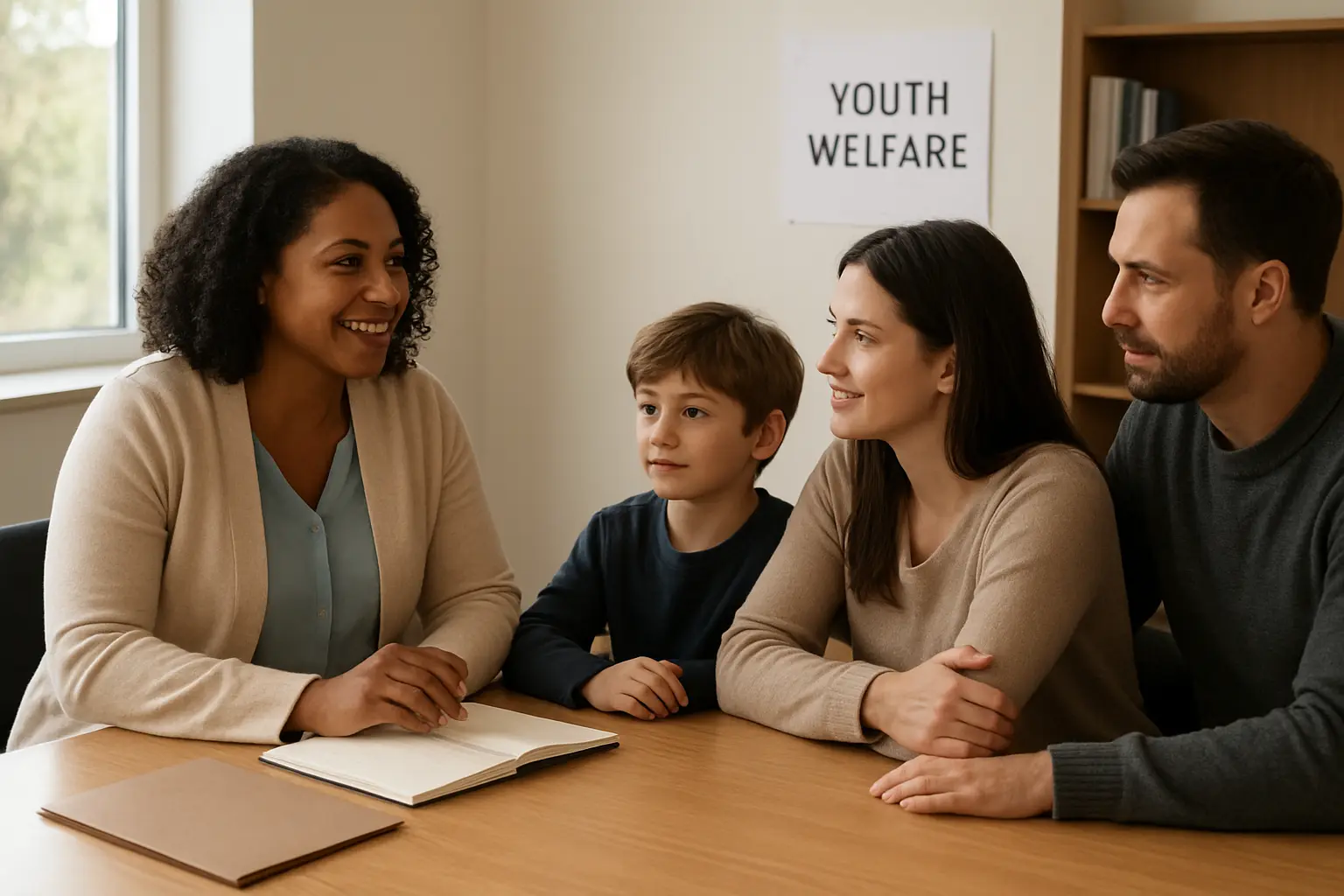 Sozialarbeiterin im Beratungsgespräch mit einer Familie im Jugendamt