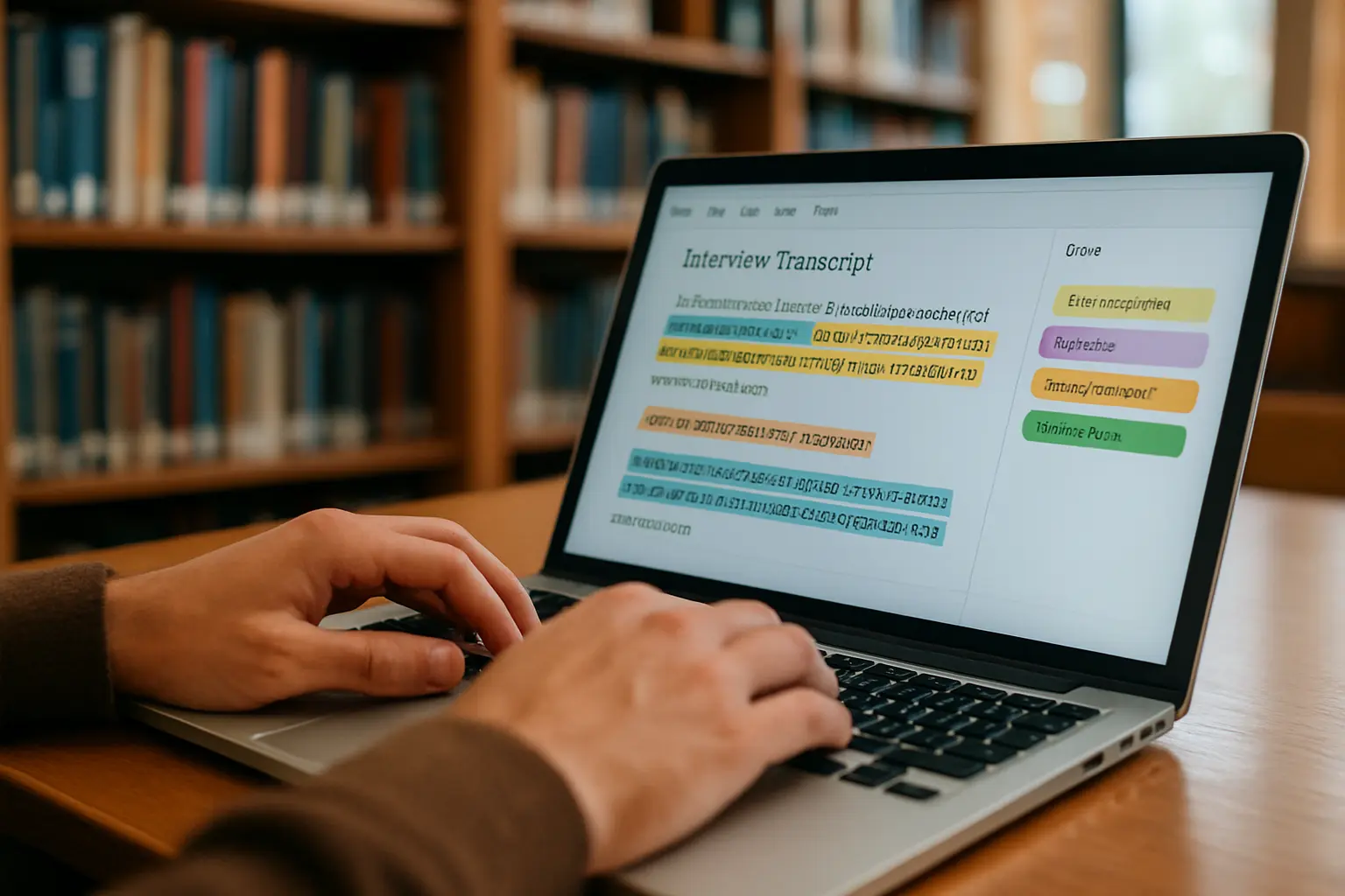 Kodiersoftware zeigt farblich markierte Kategorien in einem Interviewtranskript