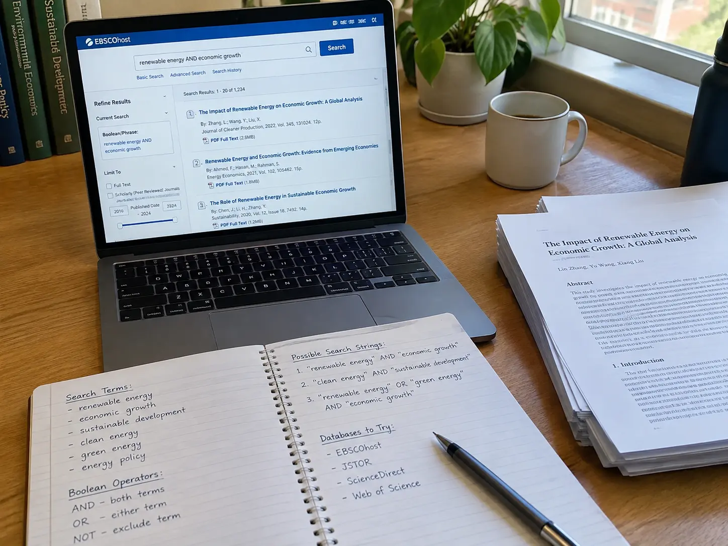 Schreibtisch mit Laptop, das eine Bibliotheksdatenbank-Suchmaske zeigt, Notizbuch mit handschriftlichen Suchbegriffen und gestapelten Fachartikeln