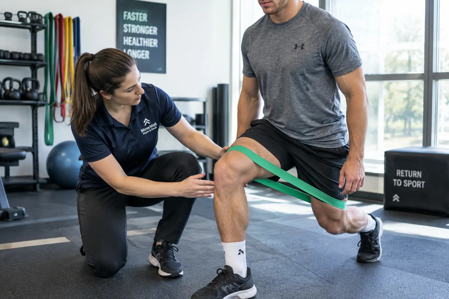 Sportphysiotherapeut begleitet die Return-to-Sport-Rehabilitation nach einer Knieverletzung