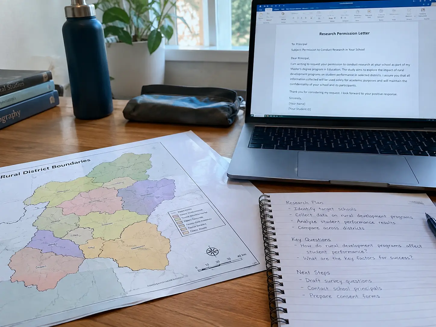 Schreibtisch mit einer ausgedruckten Karte ländlicher Kreisgrenzen, Laptop mit einem Genehmigungsschreiben für Schulforschung und einem Notizbuch mit handschriftlichen Notizen