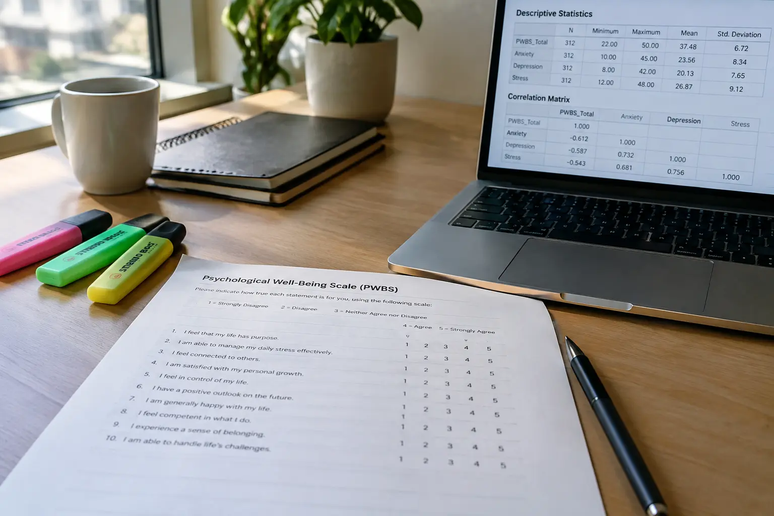 Schreibtisch mit ausgedrucktem Fragebogen, Laptop mit statistischer Ausgabetabelle und farbigen Textmarkern