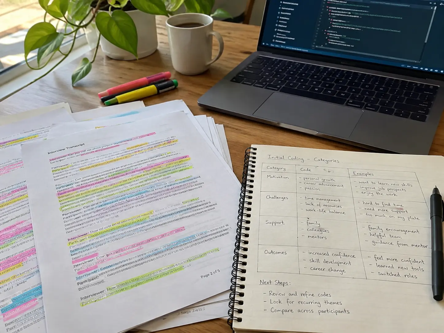 Schreibtisch mit farbig markierten ausgedruckten Interviewtranskripten, Laptop mit einer Kodiersoftware-Oberfläche und einem Notizbuch mit handgezeichneter Kategorientabelle