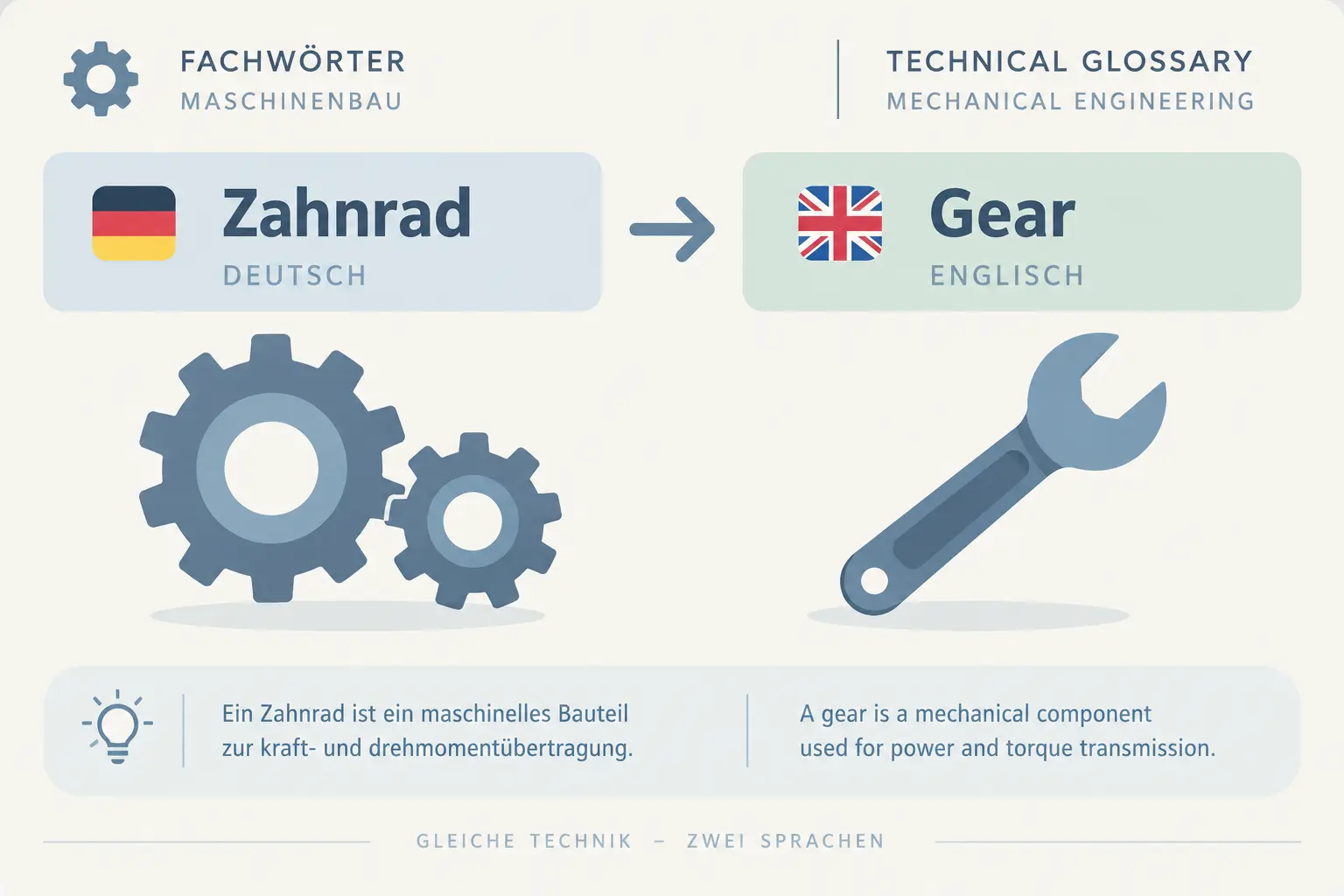 Illustration einer zweisprachigen Fachbegriff-Karte, die einen deutschen Maschinenbau-Fachbegriff in die korrekte englische technische Übersetzung überführt