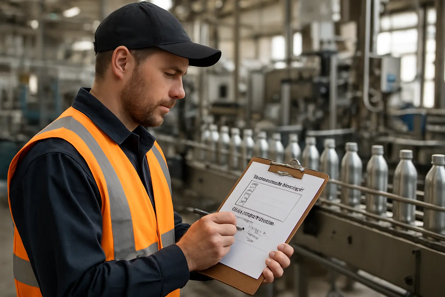 Techniker dokumentiert Messwerte und Störfaktoren während eines Beobachtungszeitraums an einer Produktionsanlage