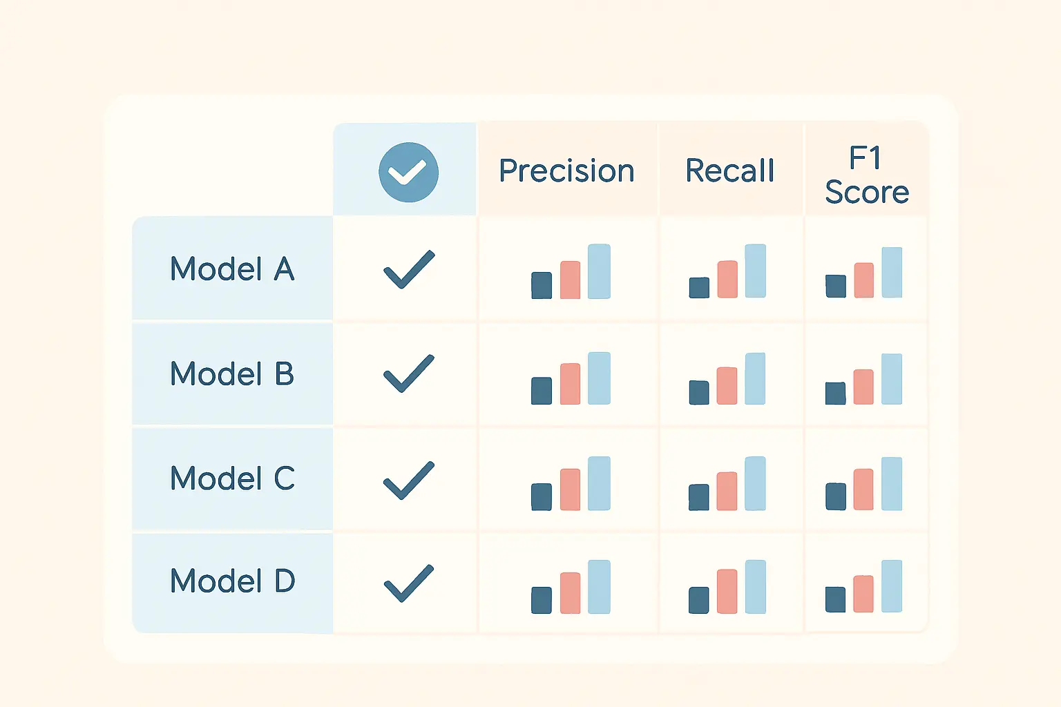 Vergleichstabelle mehrerer Modellvarianten mit Metriken wie Precision, Recall und F1-Score nebeneinander
