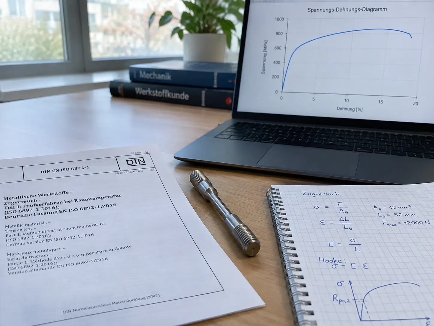 Schreibtisch mit einer Zugprobe, einem Laptop mit Spannungs-Dehnungs-Diagramm, einer gedruckten DIN-Norm und handschriftlichen Formelnotizen