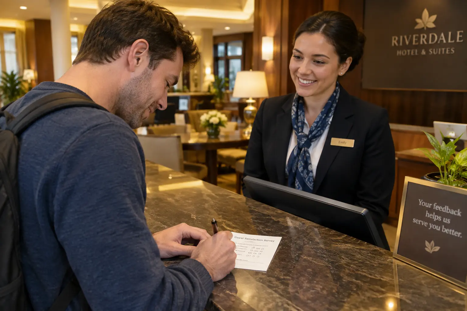 Hotelgast füllt eine Zufriedenheitsumfrage an der Rezeption aus
