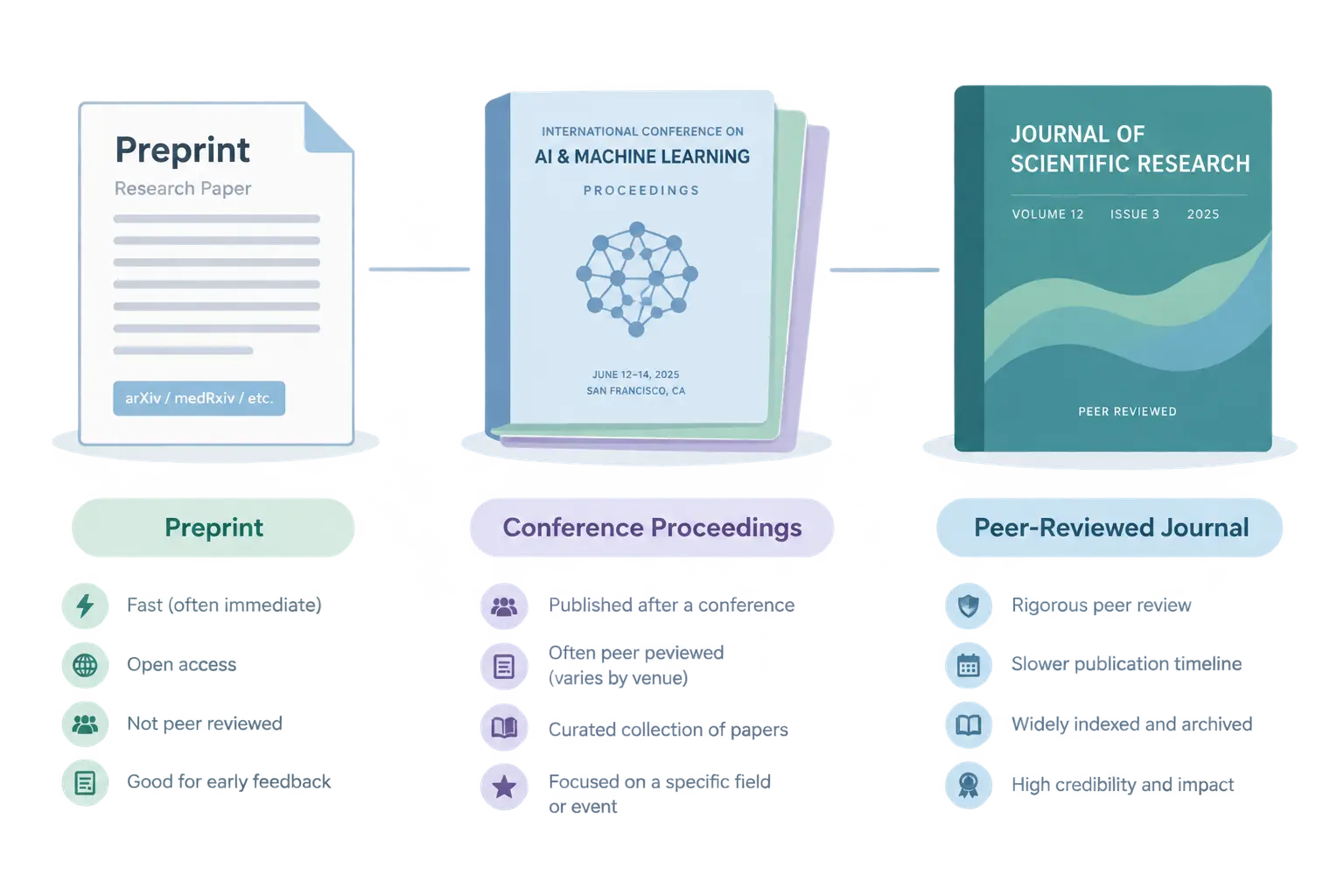 Drei Symbole für Preprint, Konferenzband und Fachzeitschrift nebeneinander mit verbindenden Linien