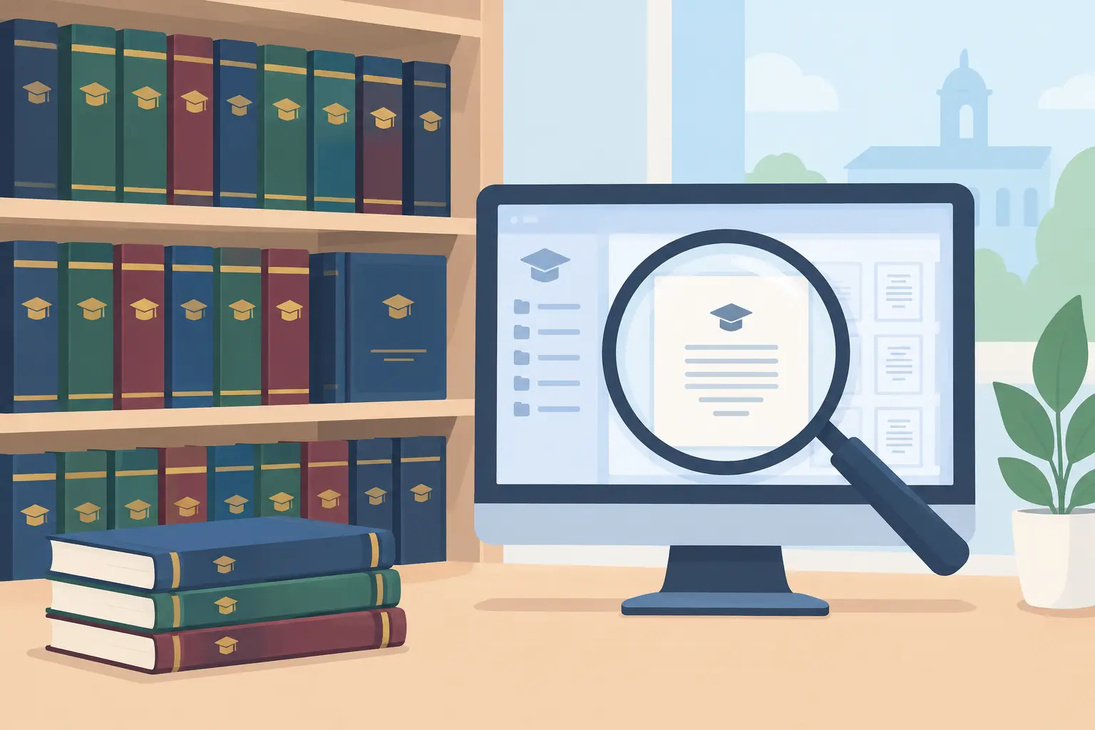 Digitales Archiv mit Abschlussarbeiten und Lupe am Bildschirm