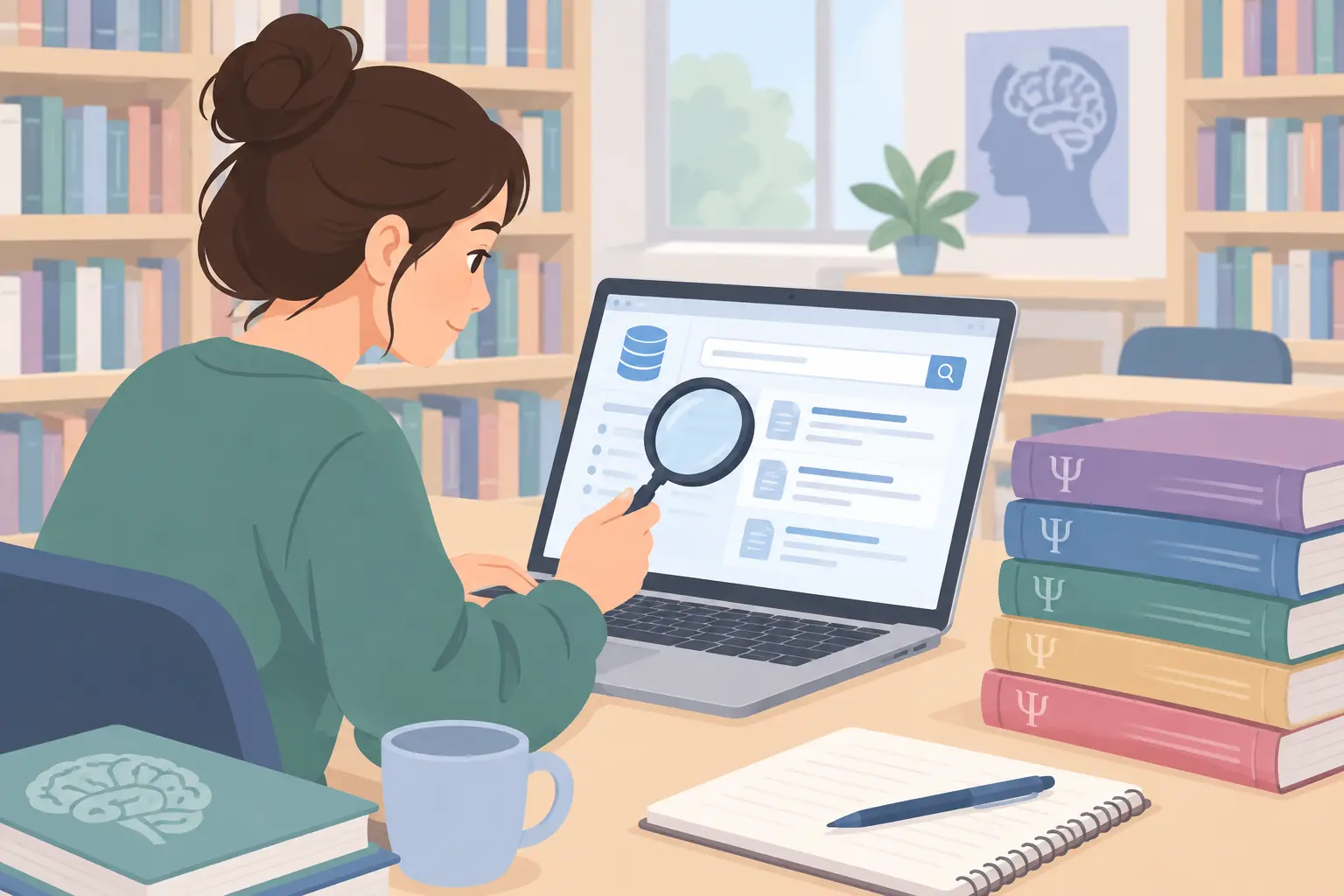 Psychologiestudentin recherchiert in Fachdatenbanken am Laptop